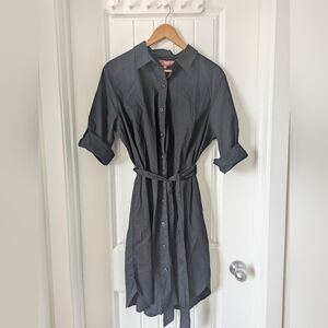 Classic Black Cotton Button-Front Shirt Dress with Belt, Pockets 3/4 Sleeves LG